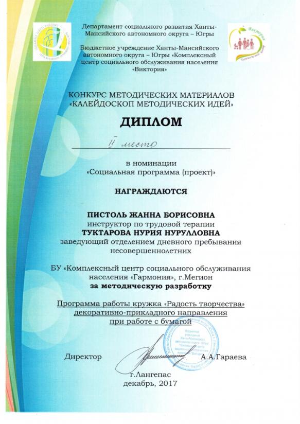 Диплом за участие в конкурсе методических материалов "калейдоскоп методических идей"